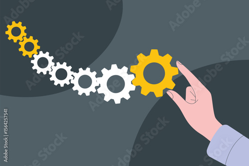 Illustration of gears and hand for business process management and workflow automation solutions concept