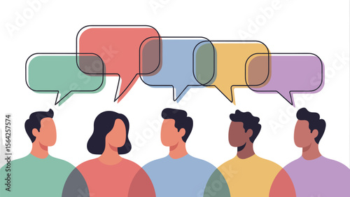 Illustration of diverse people communicating with speech bubbles for social media engagement design