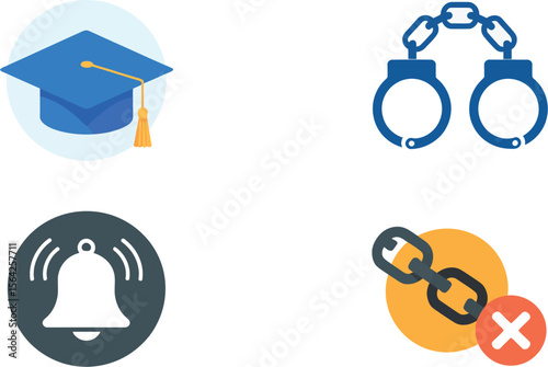 Stock vector illustration of graduation cap handcuffs notification and broken link icons set design 