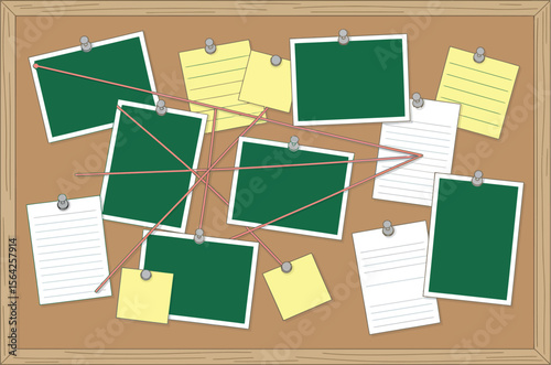Detective board evidence crime investigation mystery board corkboard notes pins string concept art