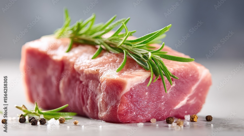 Fototapeta premium Raw pork loin seasoned with pepper, rosemary, and sea salt placed on kitchen counter with space