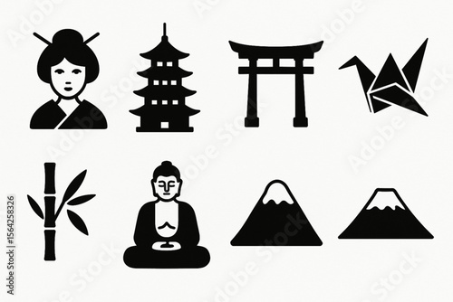 Minimal Japanese Culture Vector Icons Collection with Traditional Symbols and Landmarks in Black Silhouette