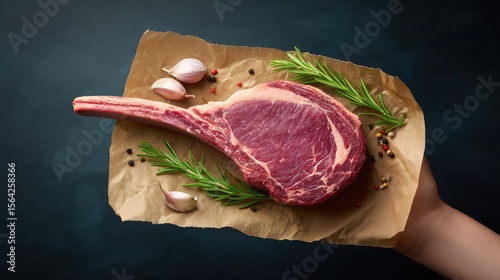 Raw tomahawk steak with marbling on butcher paper, surrounded by garlic, rosemary, and peppercorns with copy space