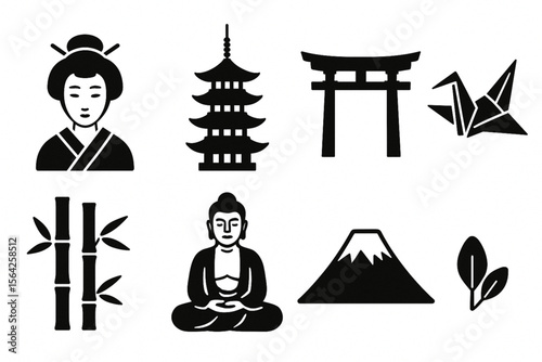 Minimal Japanese Culture Vector Icons Collection with Traditional Symbols and Landmarks in Black Silhouette