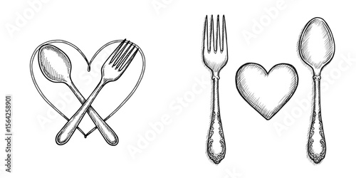 Heart with Fork and Spoon. Sketch style illustration of a heart shape created with a fork and spoon, hand-drawn vector on transparent background. Food, love, culinary, dining, romance