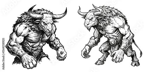 Minotaur Character Design. Muscular minotaur in various poses, detailed black and white sketch illustration, hand-drawn vector on transparent background. Mythology, fantasy, monster, strong character
