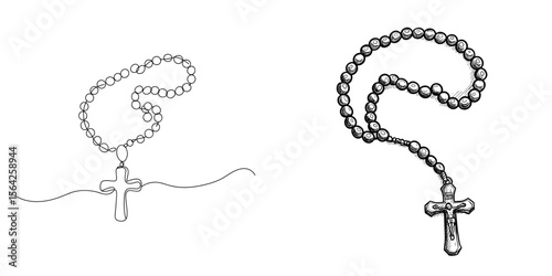 Rosary with Cross Beads. Simple design illustration of a rosary with cross beads, hand-drawn vector on transparent background. Prayer, faith, religion, spirituality, Catholicism