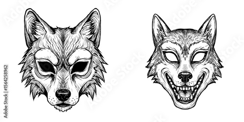 Wolf Mask. Detailed line art illustration of a wolf mask, hand-drawn vector on transparent background. Animal mask, costume, wild, predator, tribal