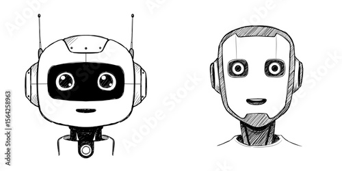 Chatbot Face. Cartoon illustration of a curious robot and human character faces, hand-drawn vector on transparent background. AI, technology, artificial intelligence, conversation, virtual assistant