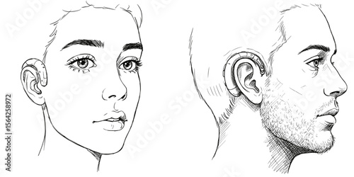 Face with Hearing Aid. Line drawing illustration of a man and woman showcasing profiles, one with a hearing aid, hand-drawn vector on transparent background. Communication, hearing loss, accessibility