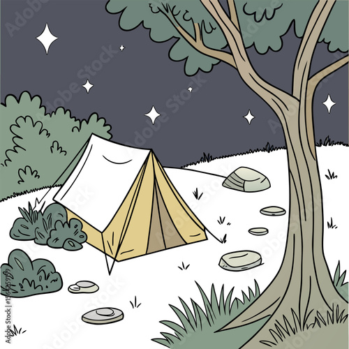 A cozy canvas tent is pitched in a serene forest clearing under a starry night sky with a large tree and scattered rocks