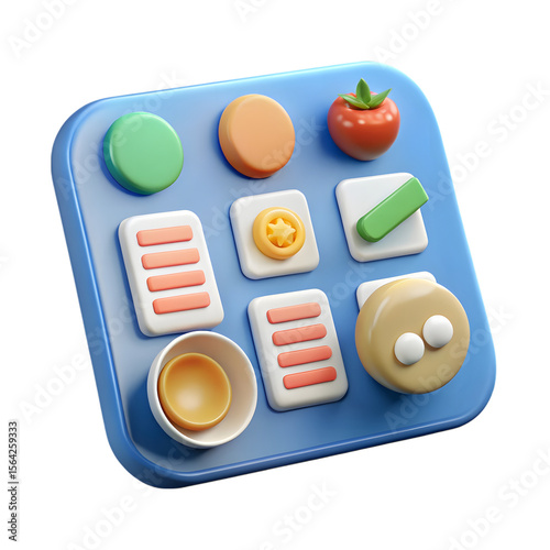 Cute 3d app icons on a blue grid isolated on transparent background