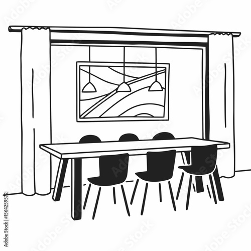 A modern dining room interior with a table, chairs, and artwork isolated on white