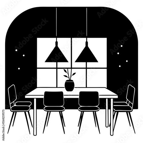 A modern dining room interior with a table, chairs, and plant isolated on white