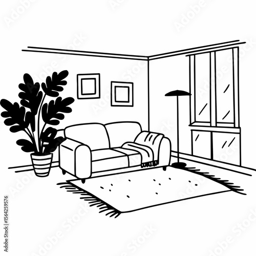 A cozy living room interior with a sofa, plant, carpet, and other furniture