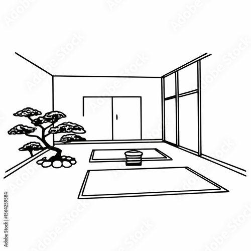 A minimalist room with a bonsai tree and tatami mats isolated on white background