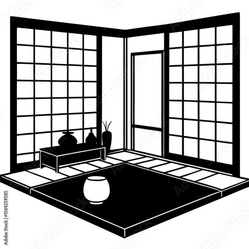 A traditional japanese room with tatami mats and shoji screens in black and white