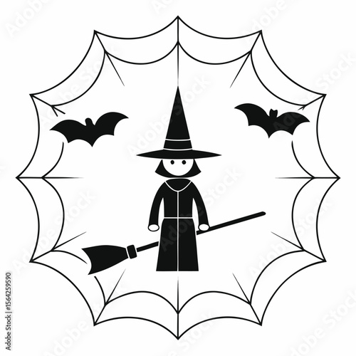 A black witch holds broom between bats, placed over spiderweb is transparent
