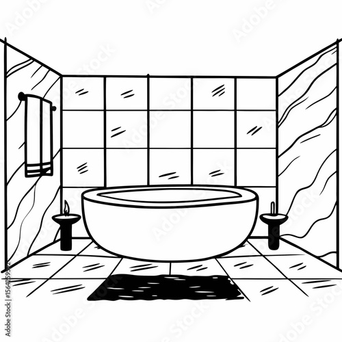 A modern bathroom interior featuring a round tub, tiled walls, and marble accents