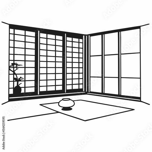 A serene japanese room with tatami mats and shoji screens isolated on white background