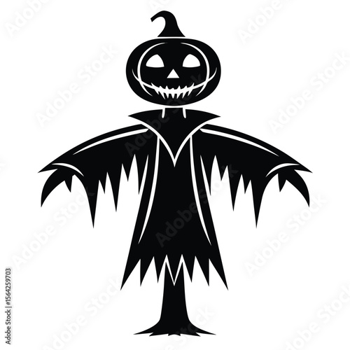 Black scary jack o lantern scarecrow with spooky grin stands menacingly on a white background