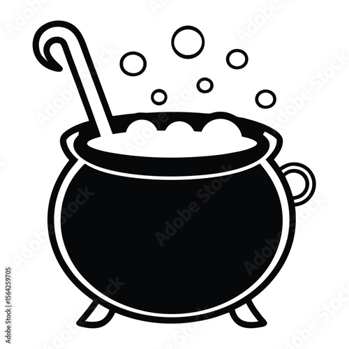 Black cauldron with bubbles and a ladle shows a spooky Halloween concept for witches