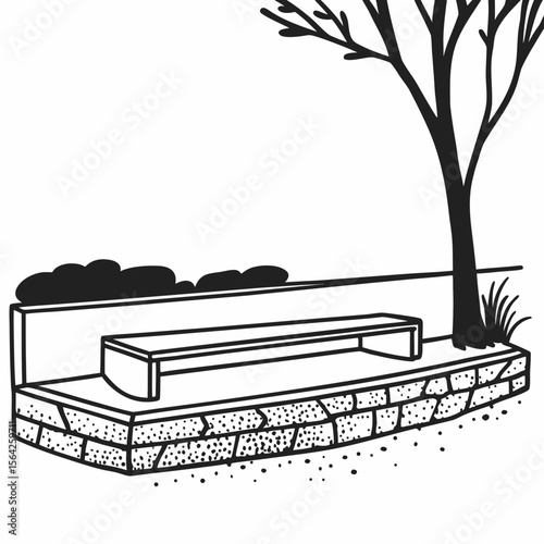 A simple bench sits beneath a bare tree in a peaceful outdoor setting