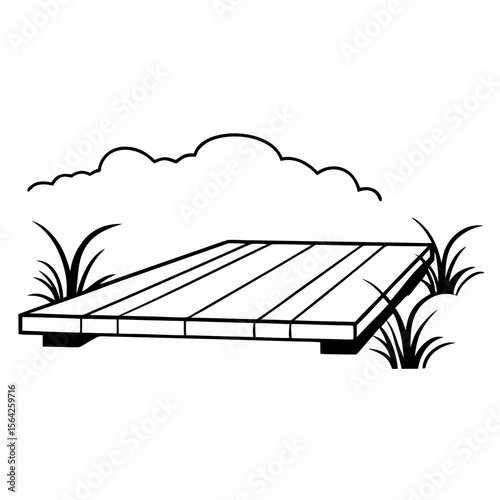 A wooden deck sits on the grass beneath a cloudy sky isolated on white background