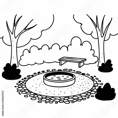 A firepit with a bench is surrounded by trees and bushes in the yard