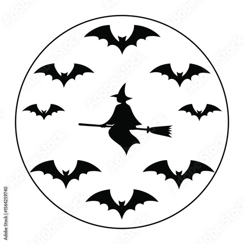 Black witch flies on a broomstick surrounded by bats in the sky; transparent background