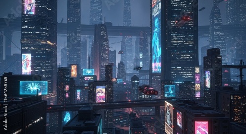 Gleaming futuristic cityscape with flying vehicles and neon advertisements