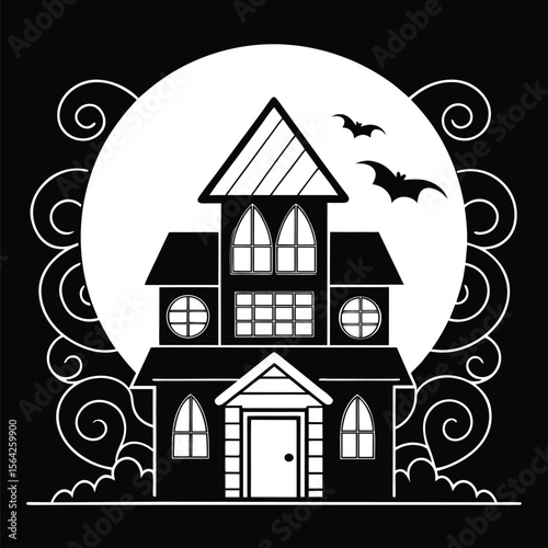 Silhouette haunted house before a bright moon with bats flies by, on transparent backdrop