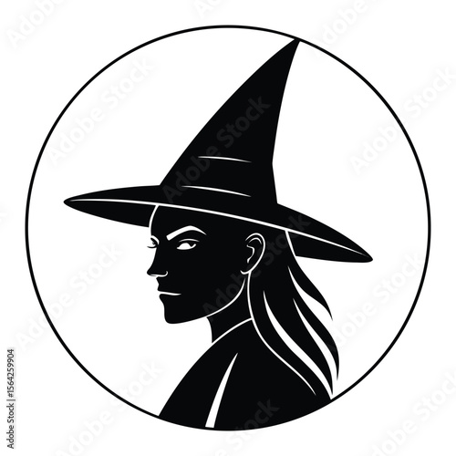 Silhouette depicts a serious witch wearing a pointy hat inside a circle against white
