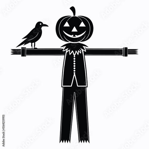 Silhouette of a scarecrow with a pumpkin head and a crow perched upon arm