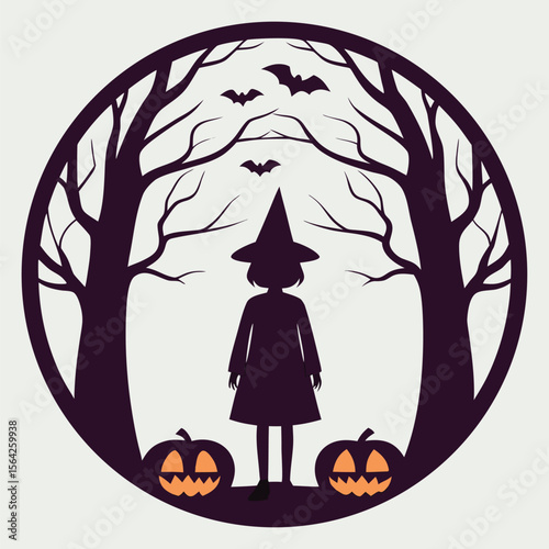 Silhouette of a witch stands before pumpkins amid bare trees, under bats in night