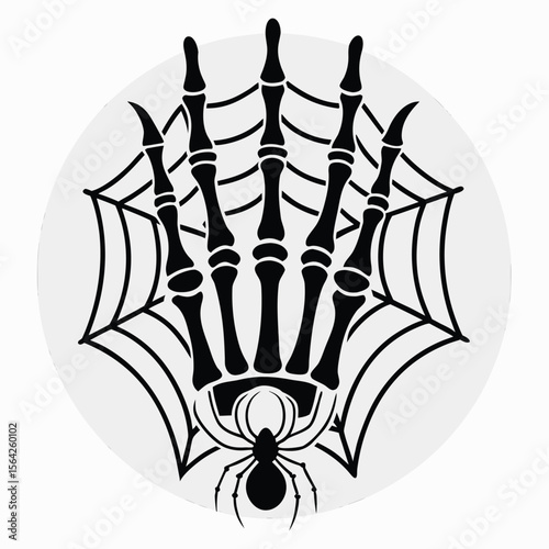 Spider ascends a web of skeletal fingers against a pale circle backdrop image