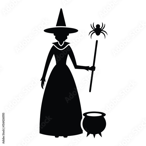 The witch with spider staff stands beside cauldron in monochromatic silhouette is isolated