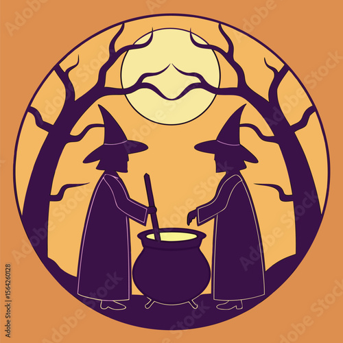 Two silhouette witches in pointy hats stir a cauldron under the full moon