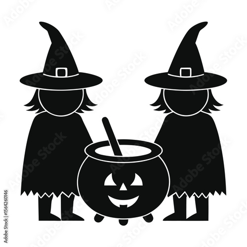 Two witches with a bubbling cauldron create an eerie Halloween scene, transparent background