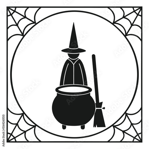 Witch silhouette with broom and cauldron sits within a decorative spiderweb frame with transparent background