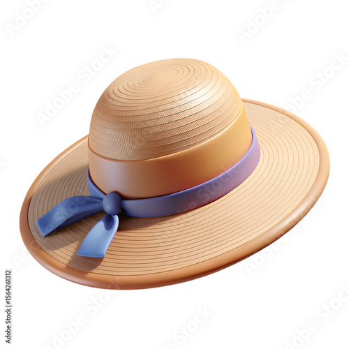 Stylish straw sun hat with blue ribbon and bow isolated on transparent background