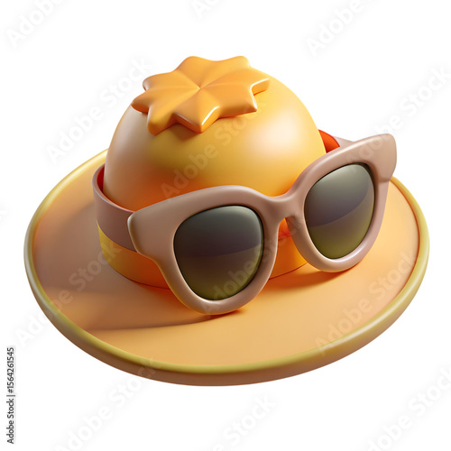 Stylized yellow sun hat with sunglasses isolated on transparent background