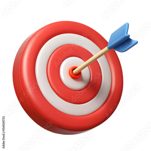 Blue arrow hitting the bullseye on a red and white target isolated on transparent background