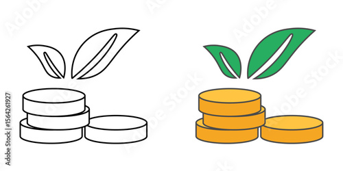 Eco friendly BNPL option icon with leaf and coins, ideal for sustainable shopping, green finance, and buy now pay later illustrations.