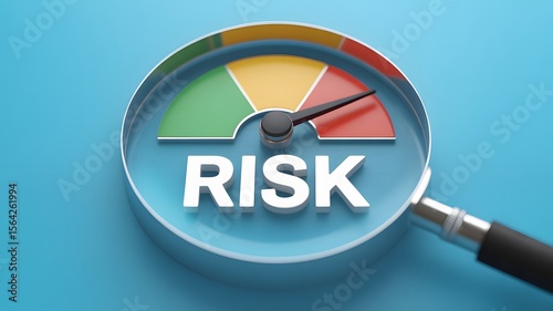 Risk Assessment Concept With Magnifying Glass Over Color Coded Meter Indicator Illustrating Danger Level Analysis On Blue Background

