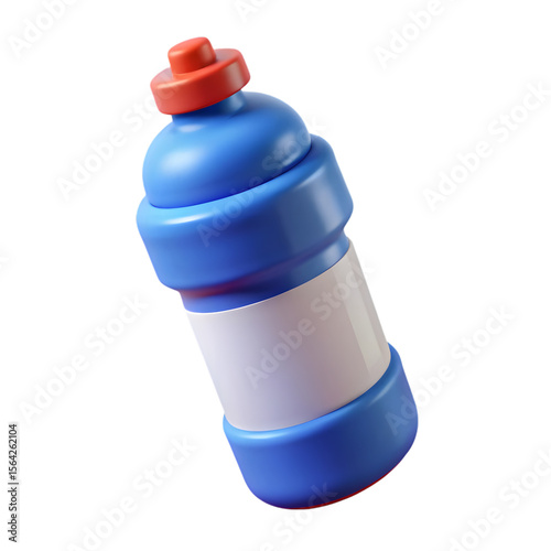 Stylized blue plastic bottle with red cap and white label isolated on transparent background