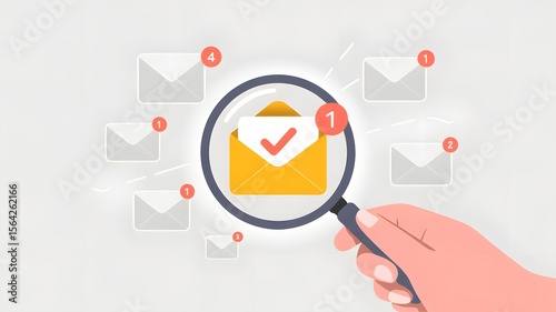 Hand Holding Magnifying Glass Over Email Notification With Check Mark Representing Inbox Message Search Communication Concept

