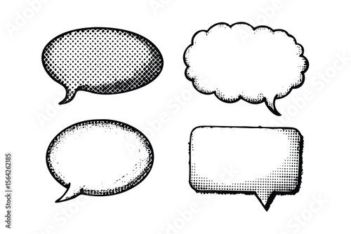 Comic Speech Bubbles Vector Engraving Set. Detailed Monochrome Dialogue Icons with Halftone Texture. Vintage Stipple & Hatching Illustrations