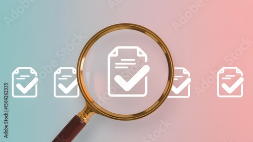 Magnifying Glass Highlighting Document With Check Mark Icon Representing Quality Control Verification Compliance Audit Concept

