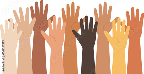 Diverse hands raised vector illustration for equality unity and inclusion design element with skin tones